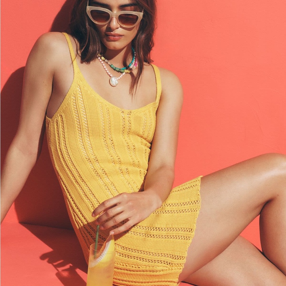 AQUA Beach Club Yellow Knit Mini Dress Size S NWT Cotton Crochet Summer